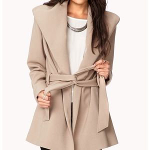 Camel winter coat with drape front